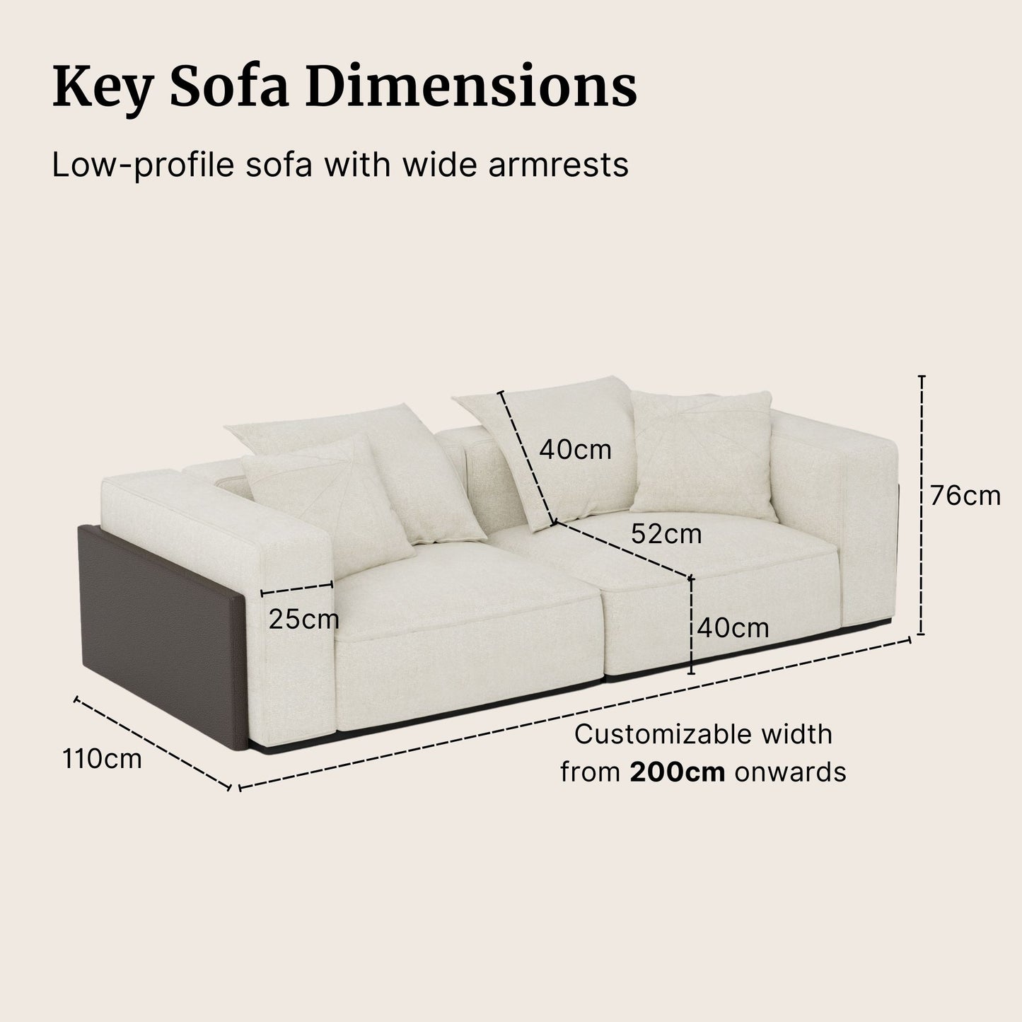 White sofa with dimensions labeled on a beige background