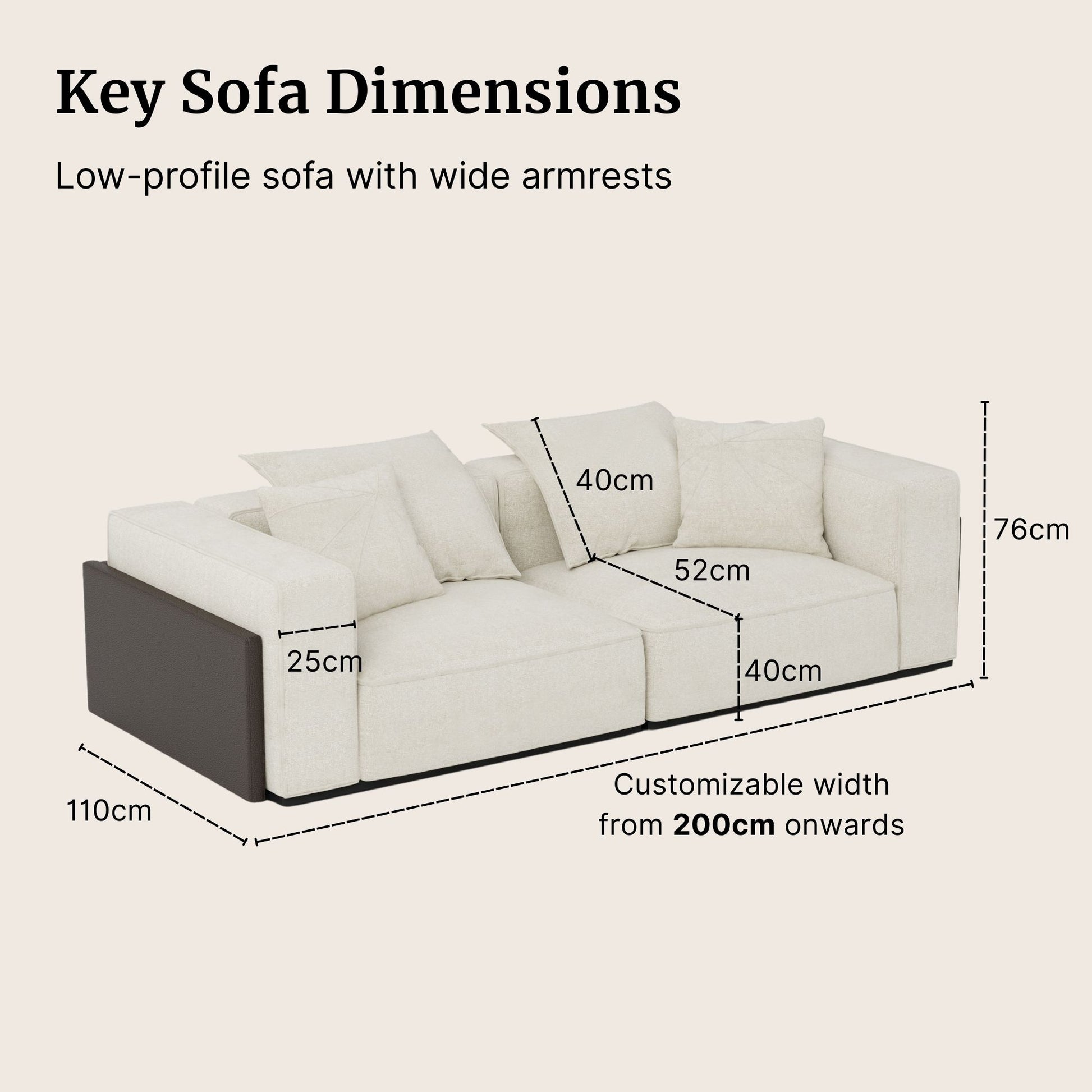 White sofa with dimensions labeled on a beige background