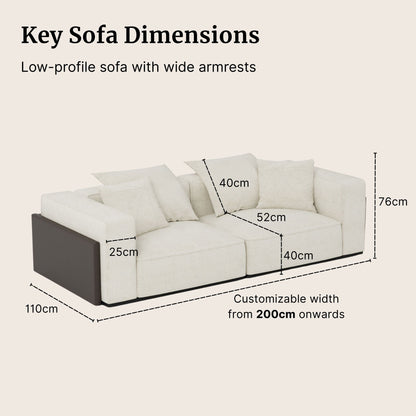 White sofa with dimensions labeled on a beige background