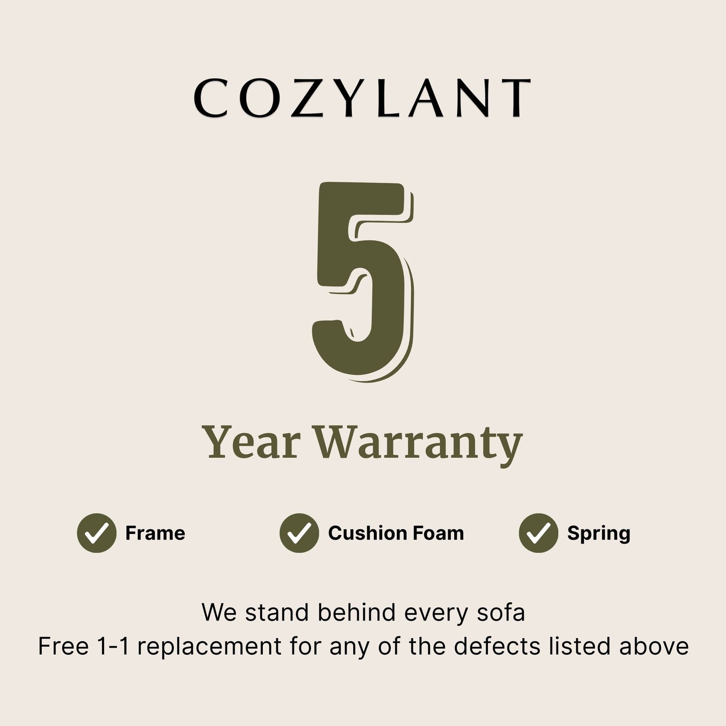 Cozylant 5-year warranty graphic with a beige background