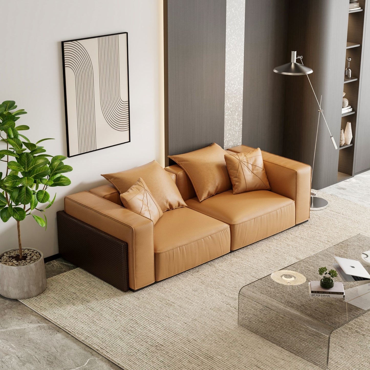 Modern living room with a brown sofa, coffee table, and decorative elements.