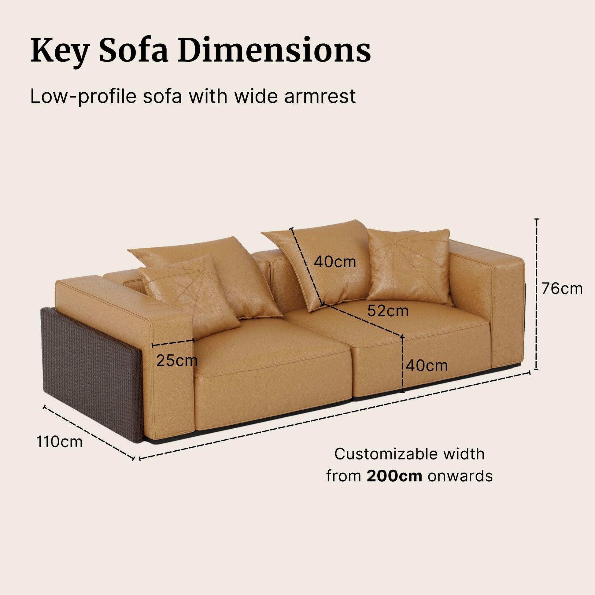 Brown sofa with dimensions labeled on a beige background