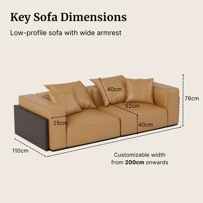 Brown sofa with dimensions labeled on a beige background