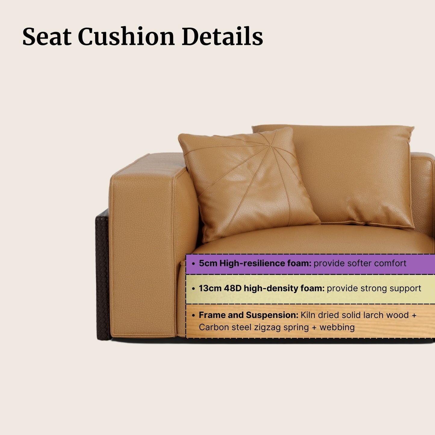 Brown leather sofa with cushions on a beige background, showing foam details.