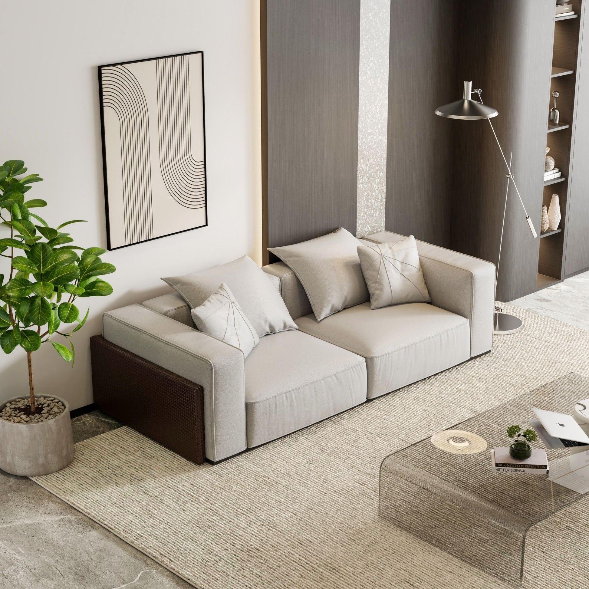 Modern living room with a gray sofa, coffee table, and decorative elements.