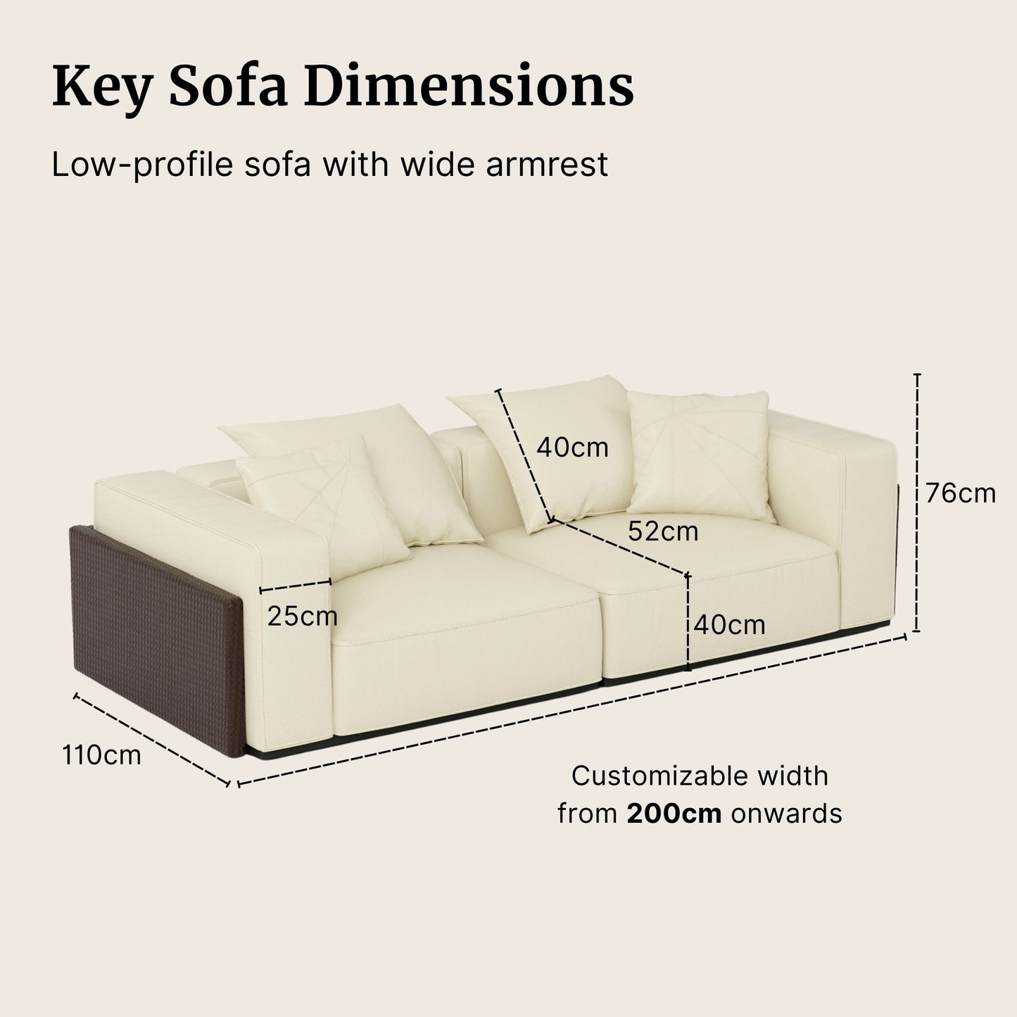 Carson half leather sofa with key sofa dimensions labeled on a beige background