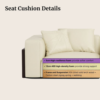 White leather sofa with seat cushion details on a white background