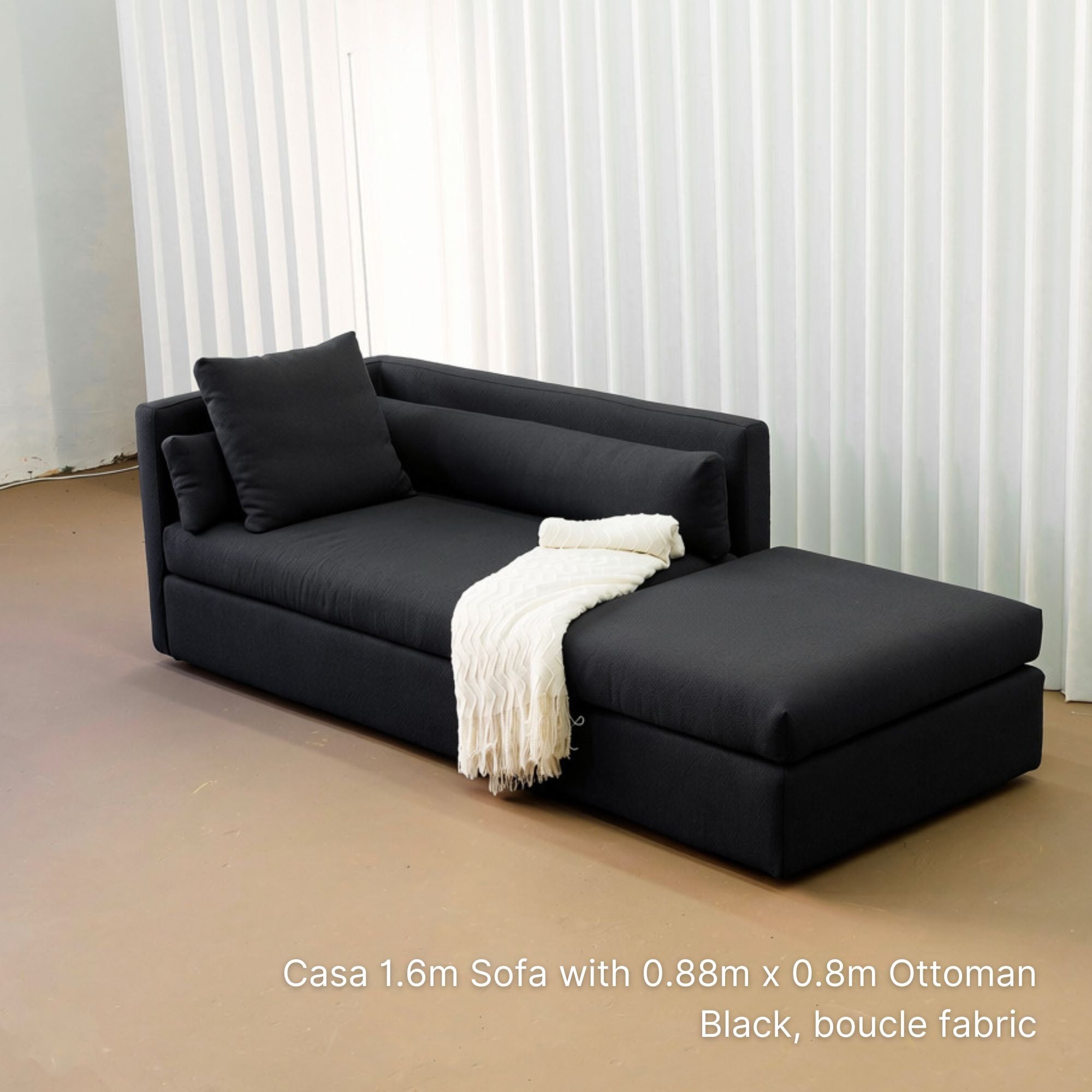 Casa 88cm x 80cm fabric ottoman in black boucle fabric together as a set with a 160cm Casa fabric sofa
