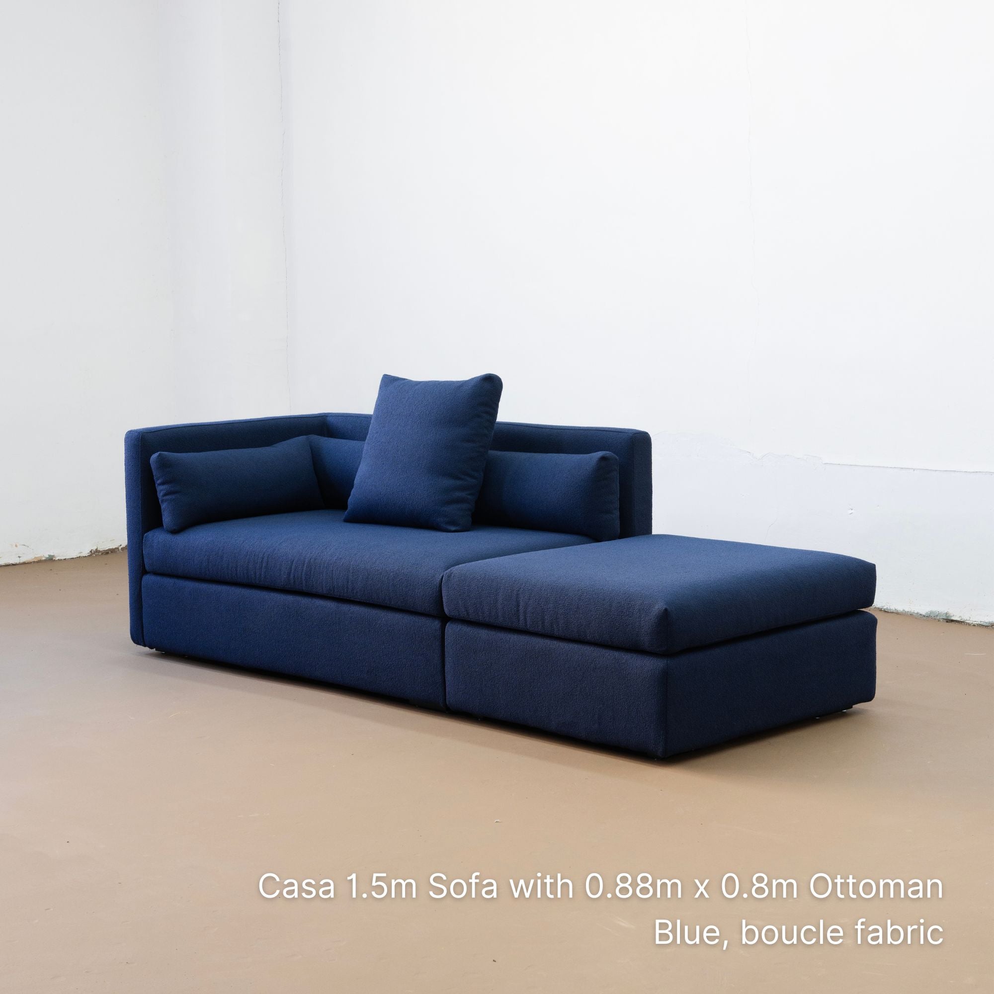 Casa 88cm x 80cm fabric ottoman in dark blue boucle fabric together as a set with a 150cm Casa fabric sofa