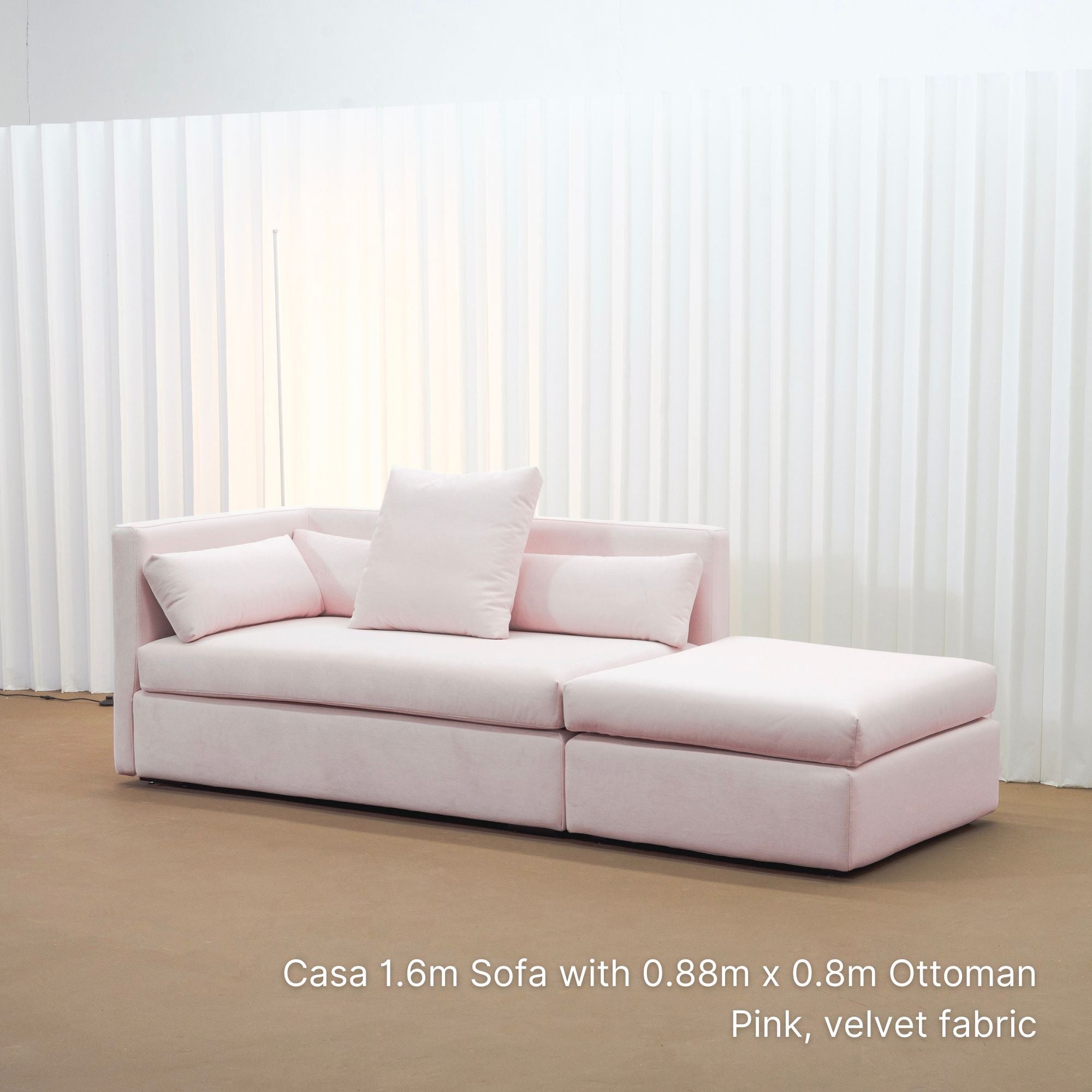 Casa 88cm x 80cm fabric ottoman in pink velvet fabric together as a set with a 160cm Casa fabric sofa