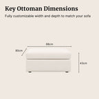 Casa fabric ottoman dimensions and customizable options on a beige background