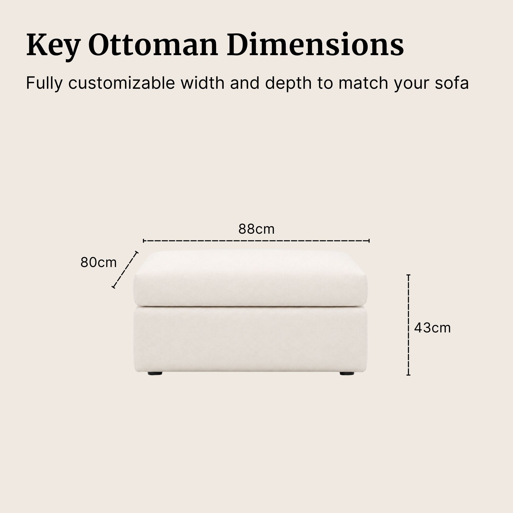 Casa fabric ottoman dimensions and customizable options on a beige background