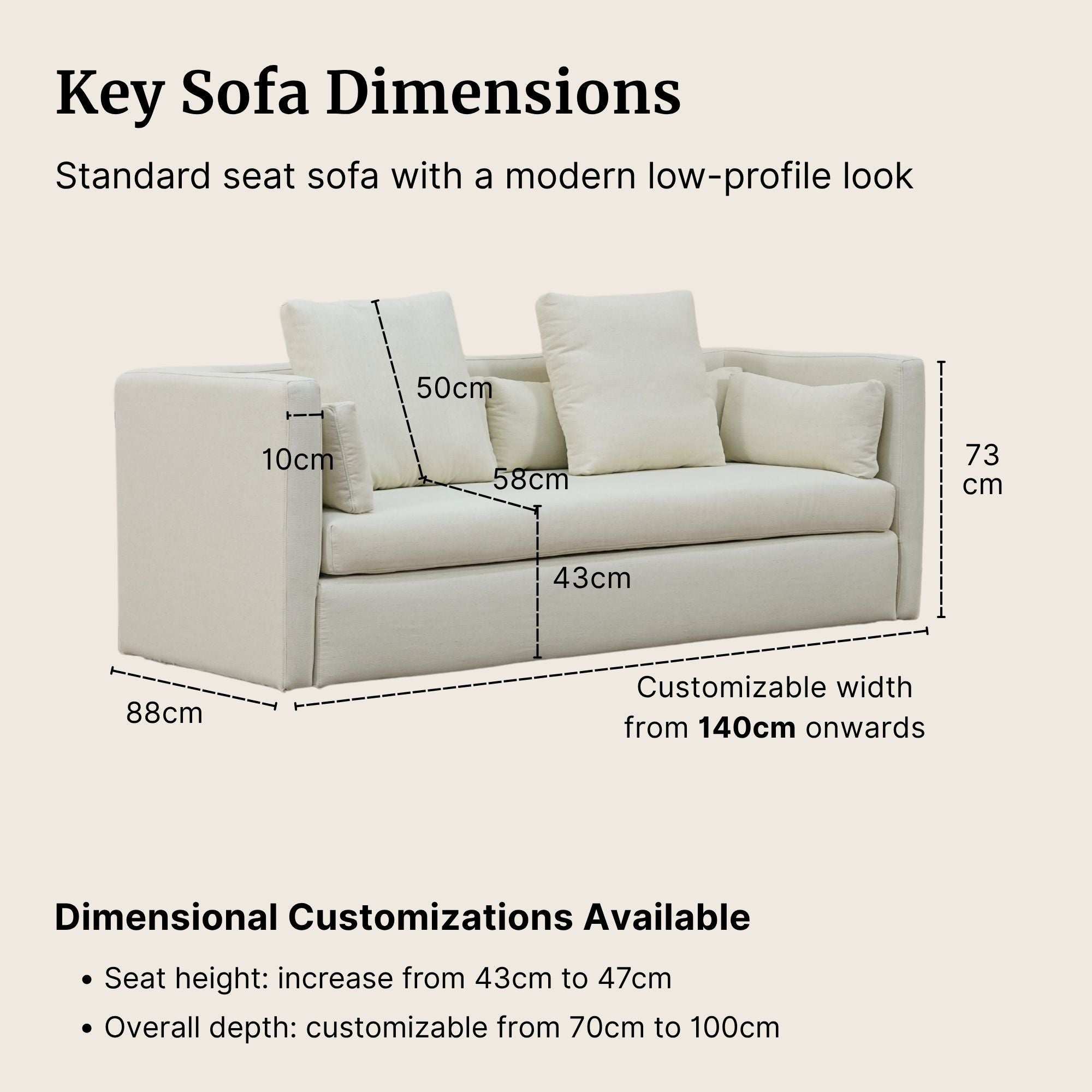Diagram of a sofa with dimensions labeled on a beige background