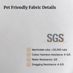 Textured fabric background with SGS certification details on water, scratch, wear, and fade resistance.