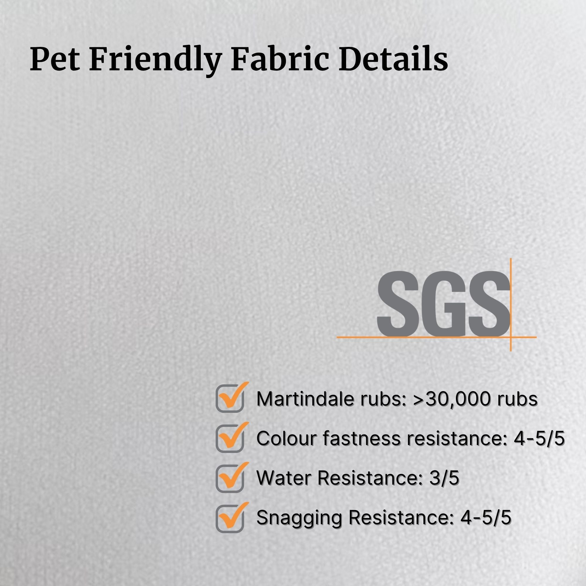 Textured fabric background with SGS certification details on water, scratch, wear, and fade resistance.