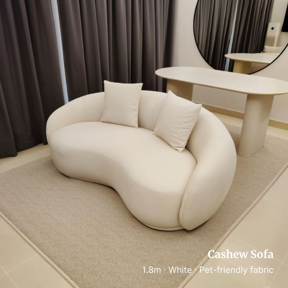 180cm 2 seater Cashew sofa in white pet friendly fabric