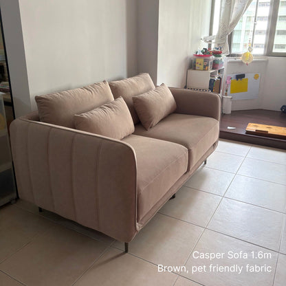 Sample real delivery of 2 seater Casper fabric sofa at 160cm in brown pet friendly fabric