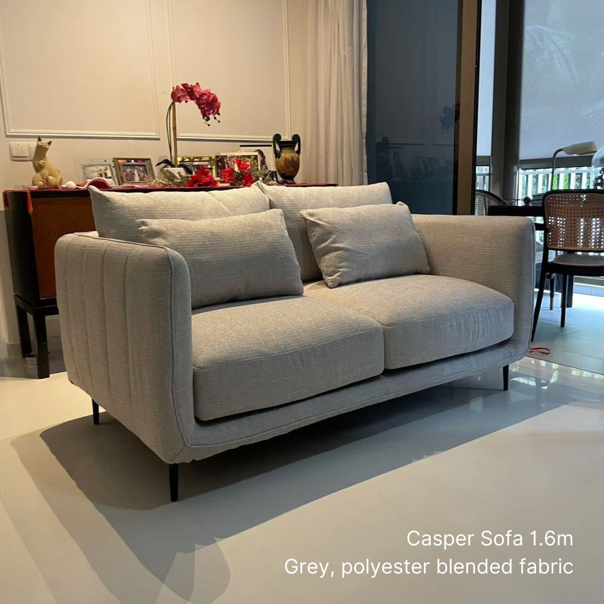 Sample real home photo of 2 seater Casper fabric sofa at 160cm in grey polyester blended fabric