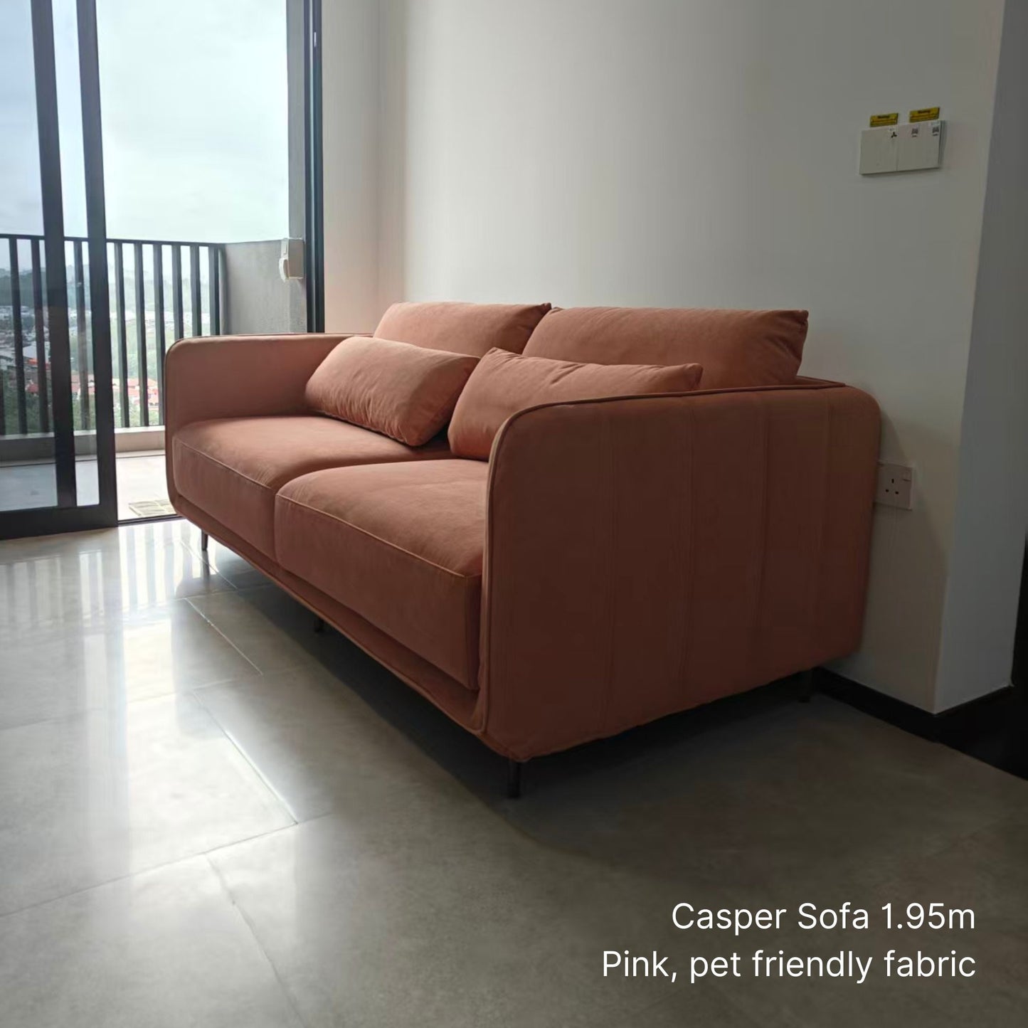 Sample real home delivery of 2 seater Casper fabric sofa in pink pet friendly fabric