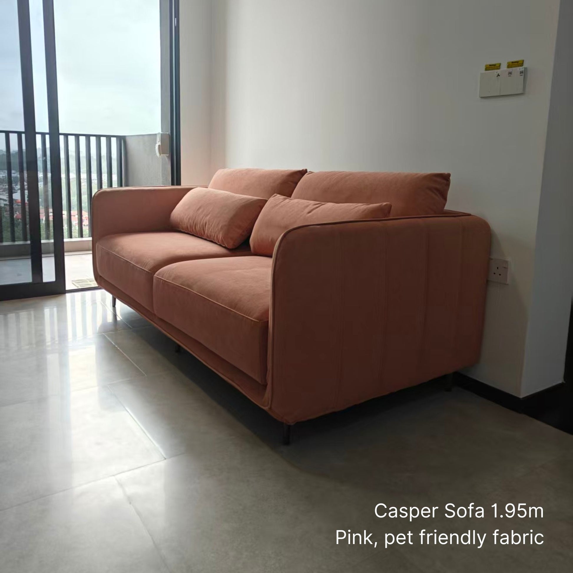 Sample real home delivery of 2 seater Casper fabric sofa in pink pet friendly fabric