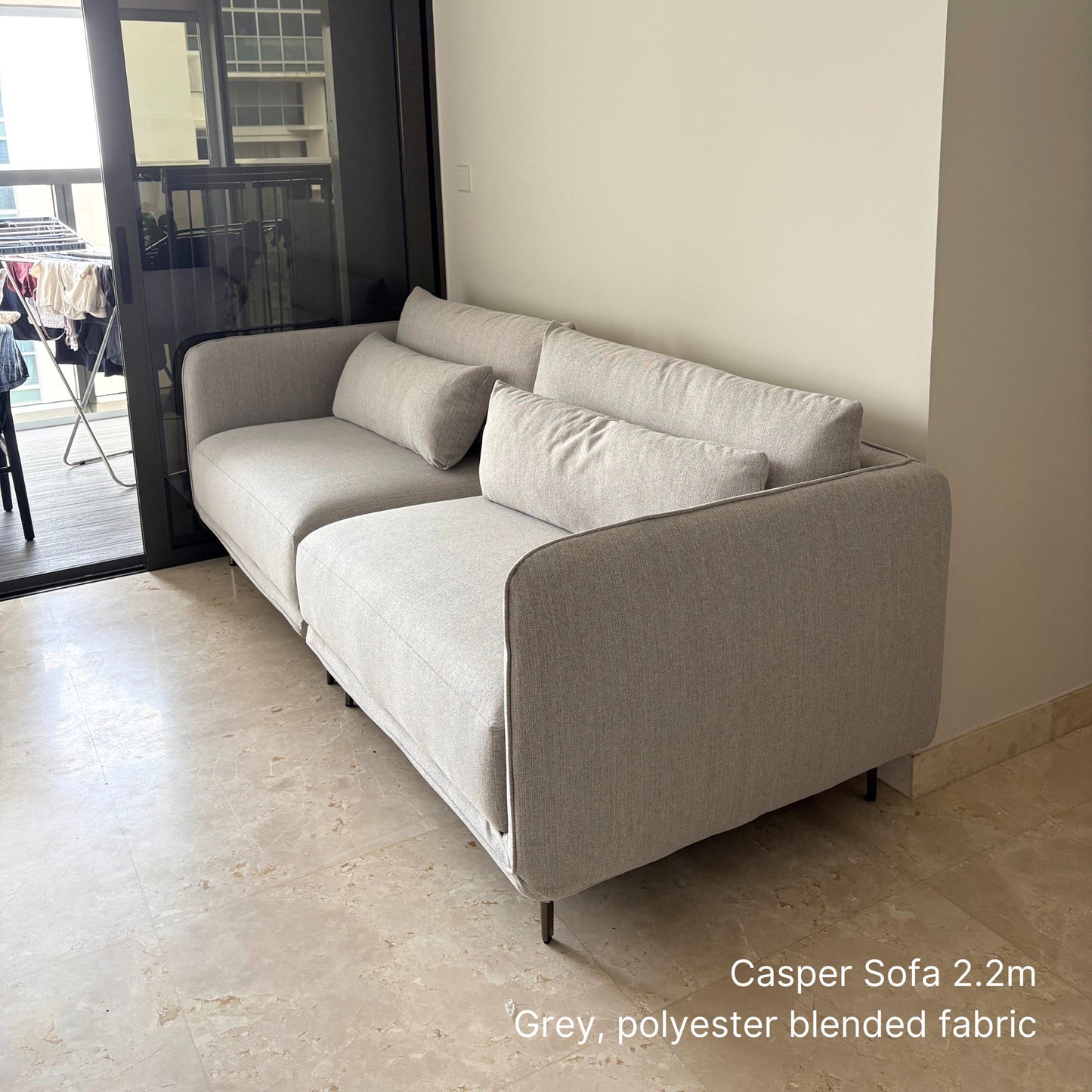 Sample real home delivery of Casper fabric sofa at 220cm in grey polyester blended fabric