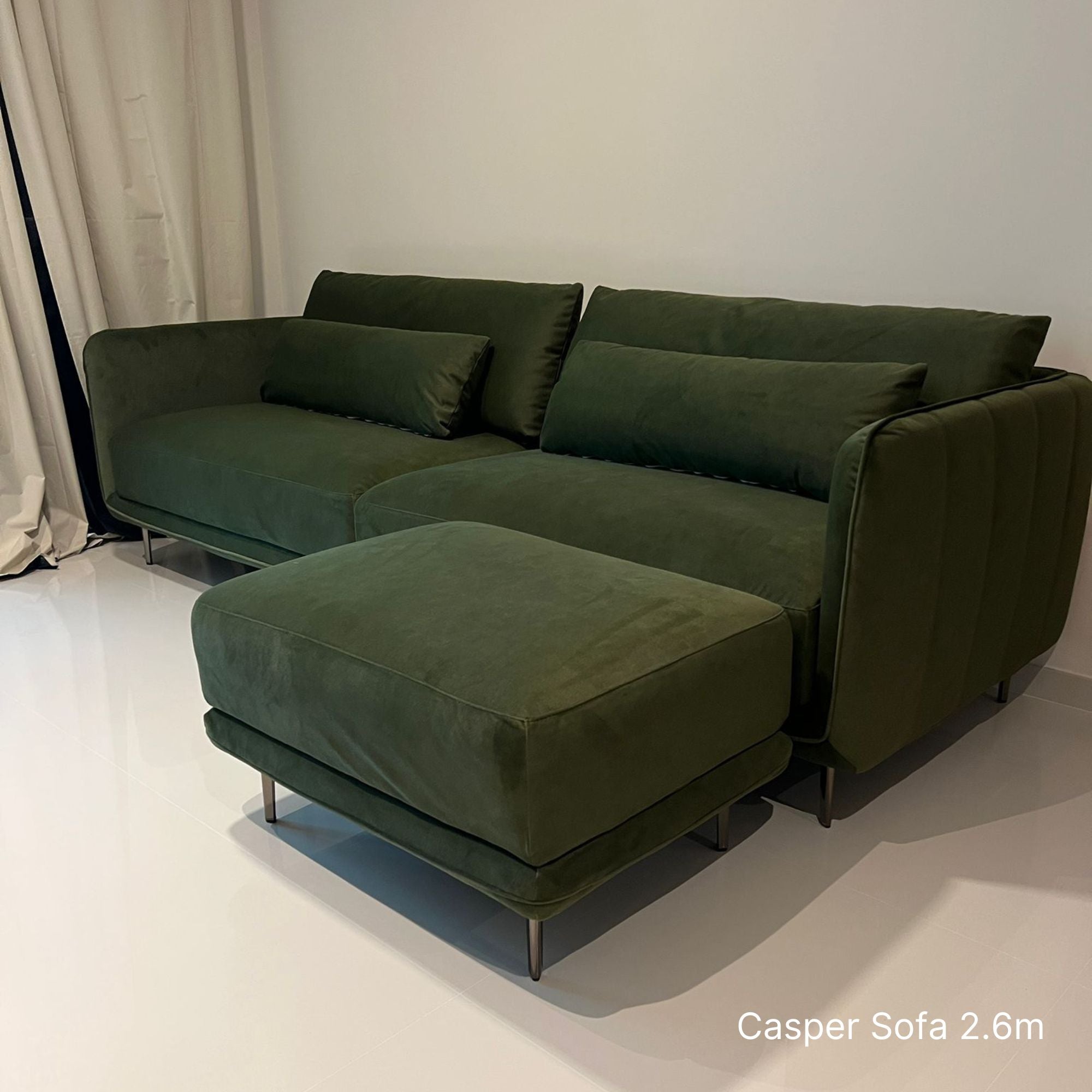 4 seater Casper fabric sofa at 260cm in green pet friendly fabric with matching ottoman at customer's living room