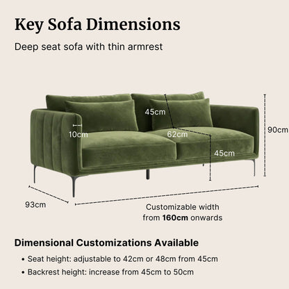 Casper fabric sofa dimensions including seat height, backrest height and available dimensional customizations
