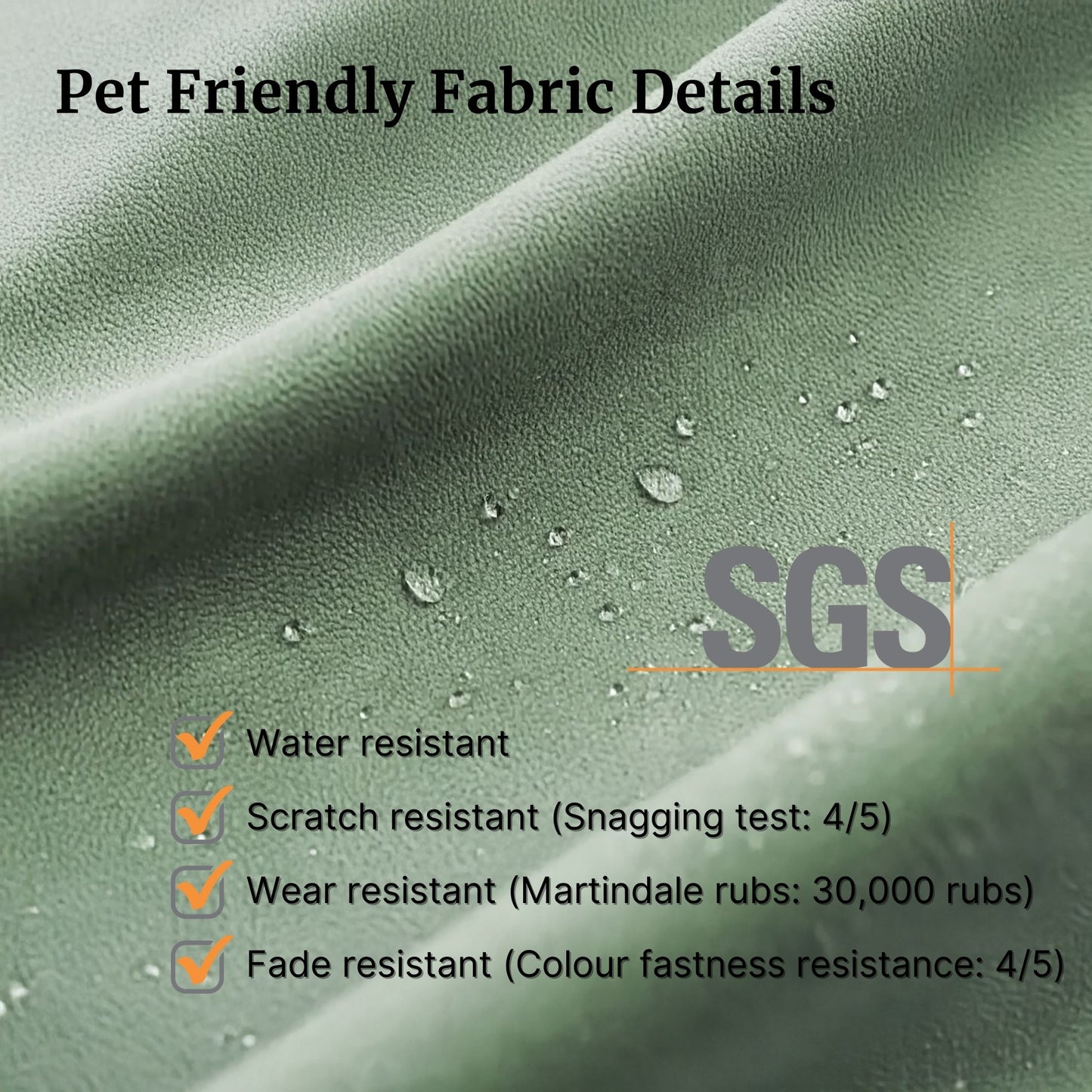Green fabric with water droplets and SGS certification logo, highlighting fabric properties.