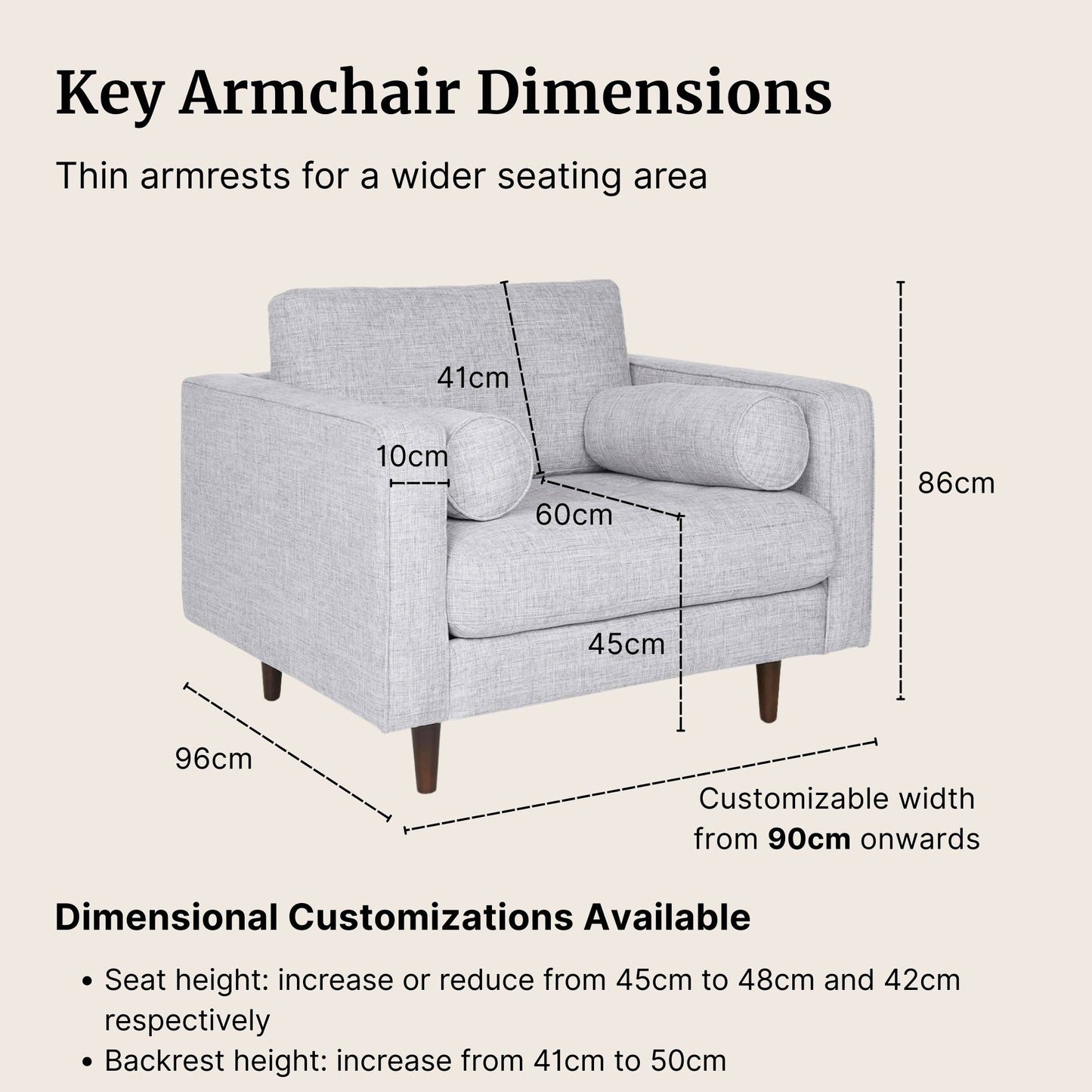 Gray armchair with dimensions labeled on a beige background