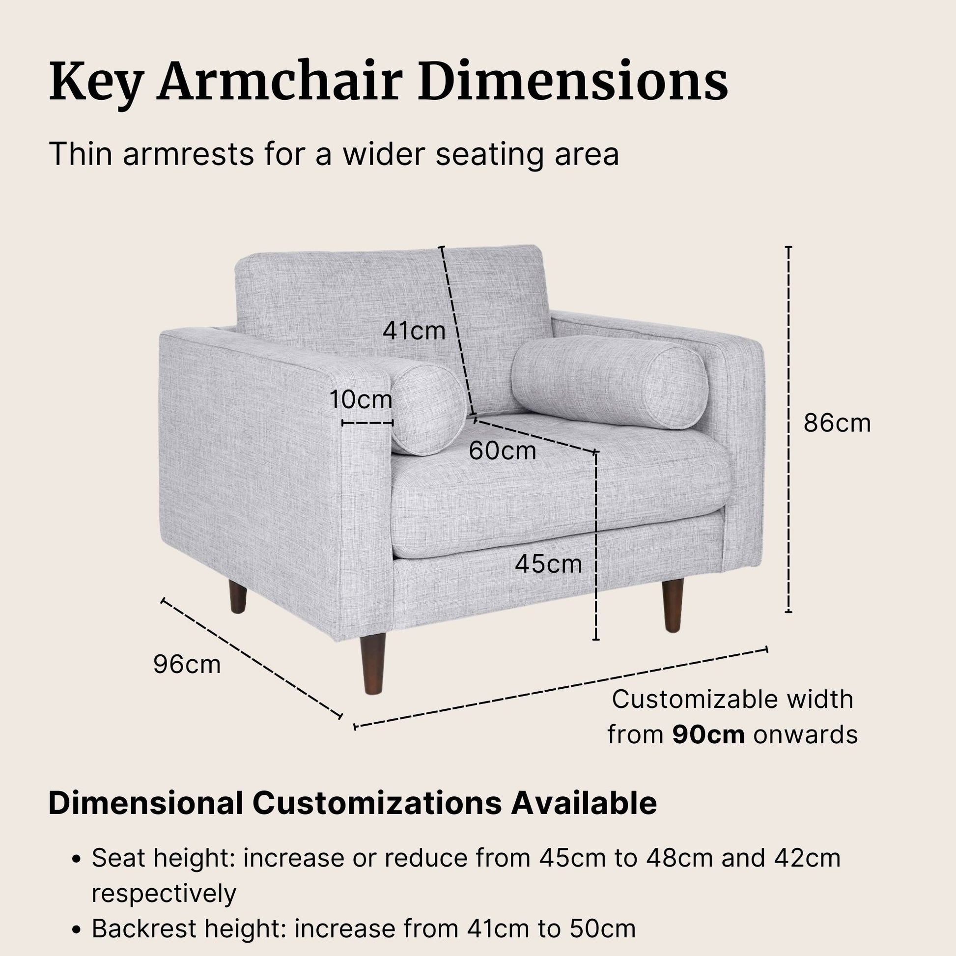 Gray armchair with dimensions labeled on a beige background