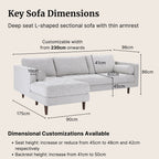 L-shaped sectional sofa with dimensions labeled on a beige background