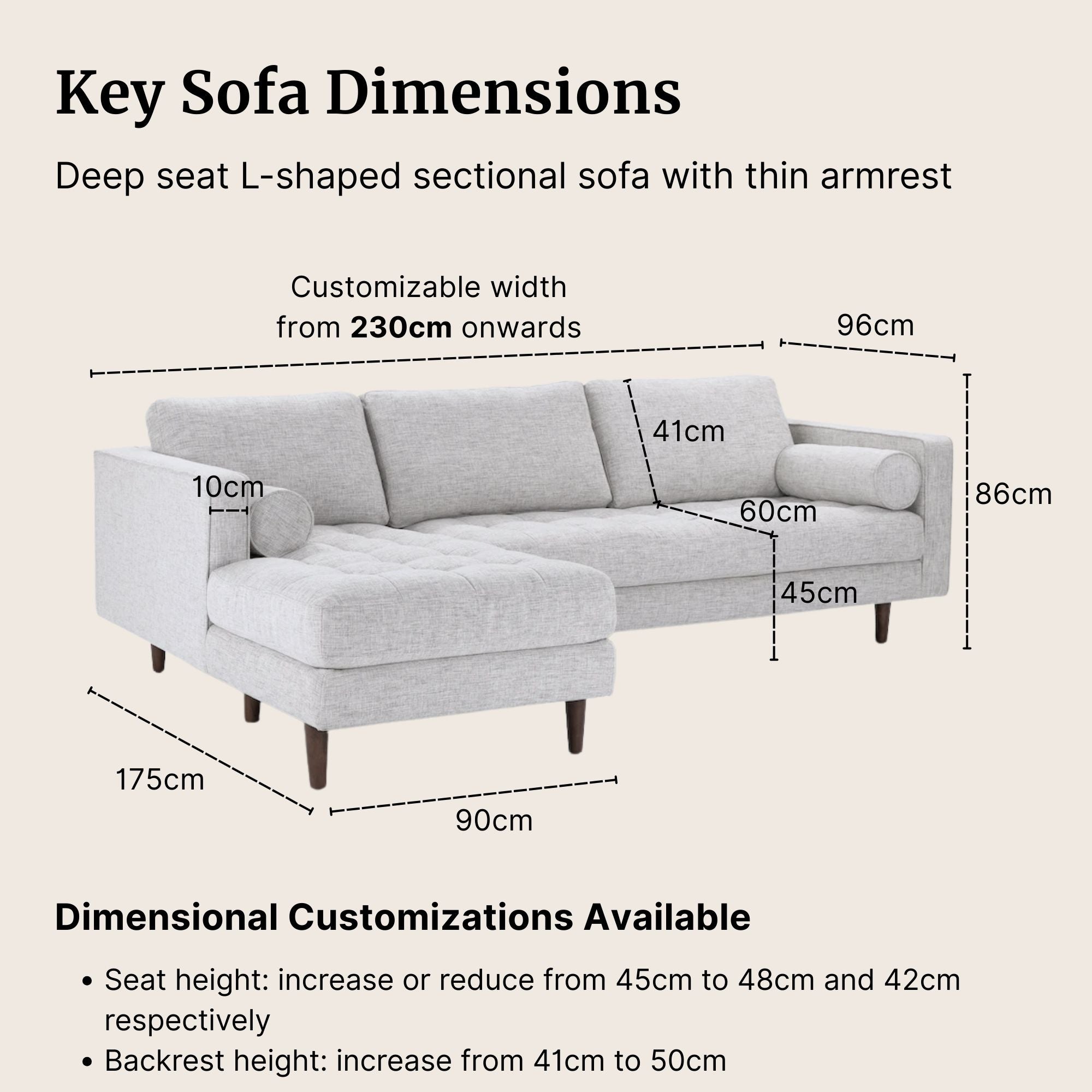 L-shaped sectional sofa with dimensions labeled on a beige background