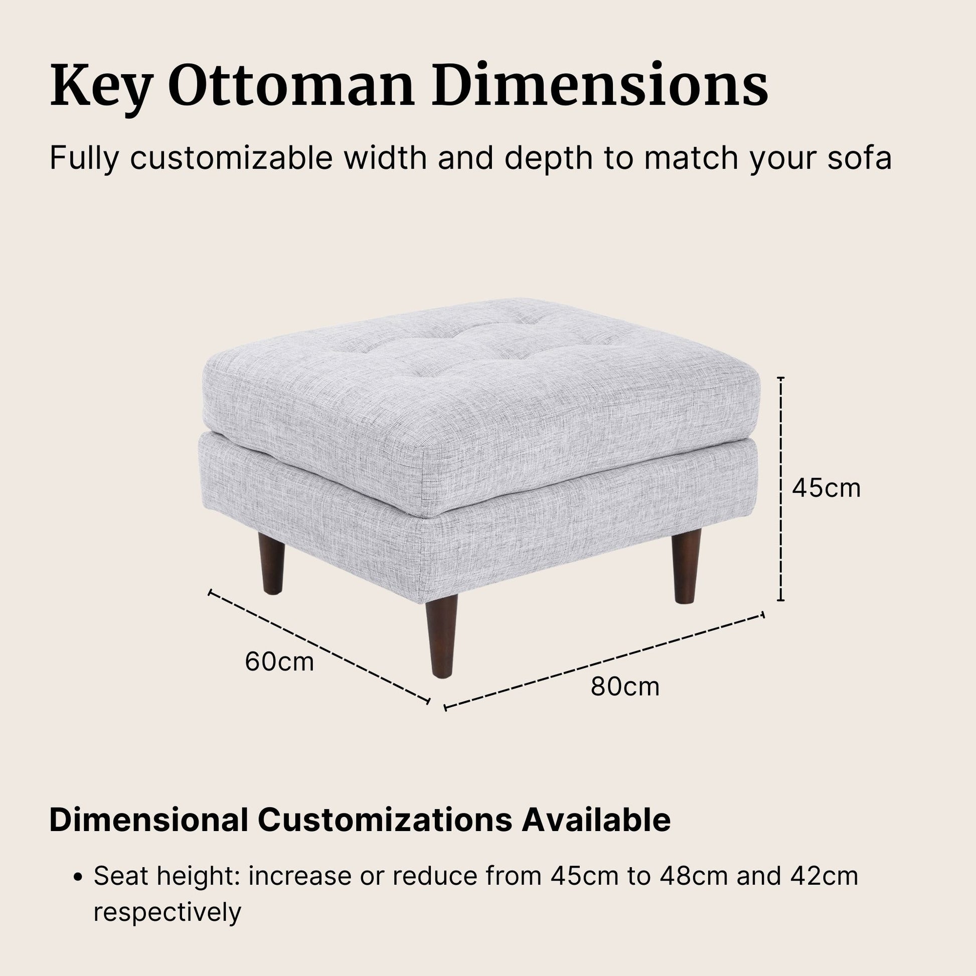 Gray ottoman with dimensions on a beige background
