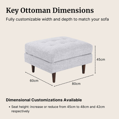 Gray ottoman with dimensions on a beige background