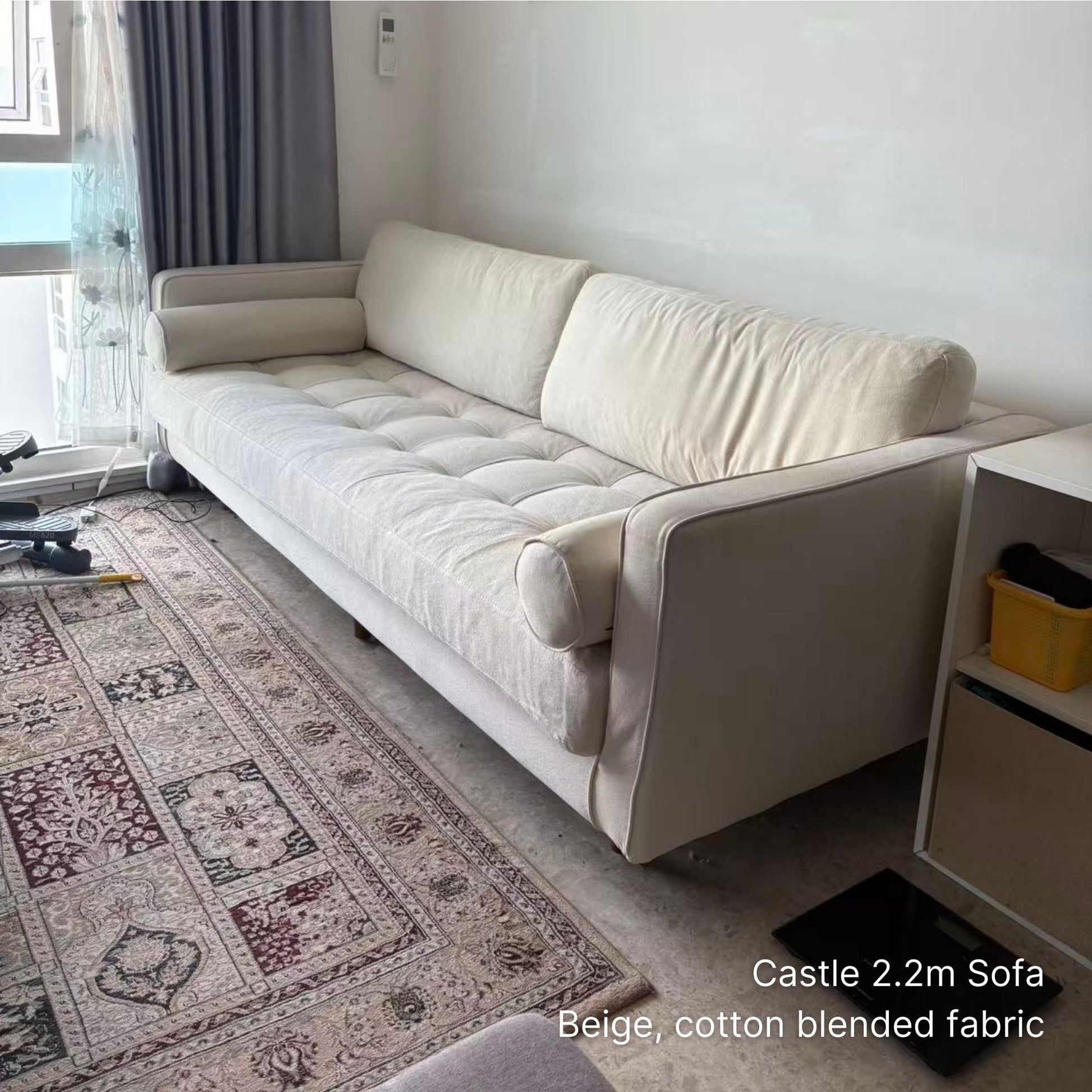 Delivered 3 seater Castle fabric sofa in beige cotton blended fabric at 220cm