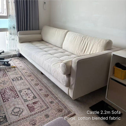 Delivered 3 seater Castle fabric sofa in beige cotton blended fabric at 220cm