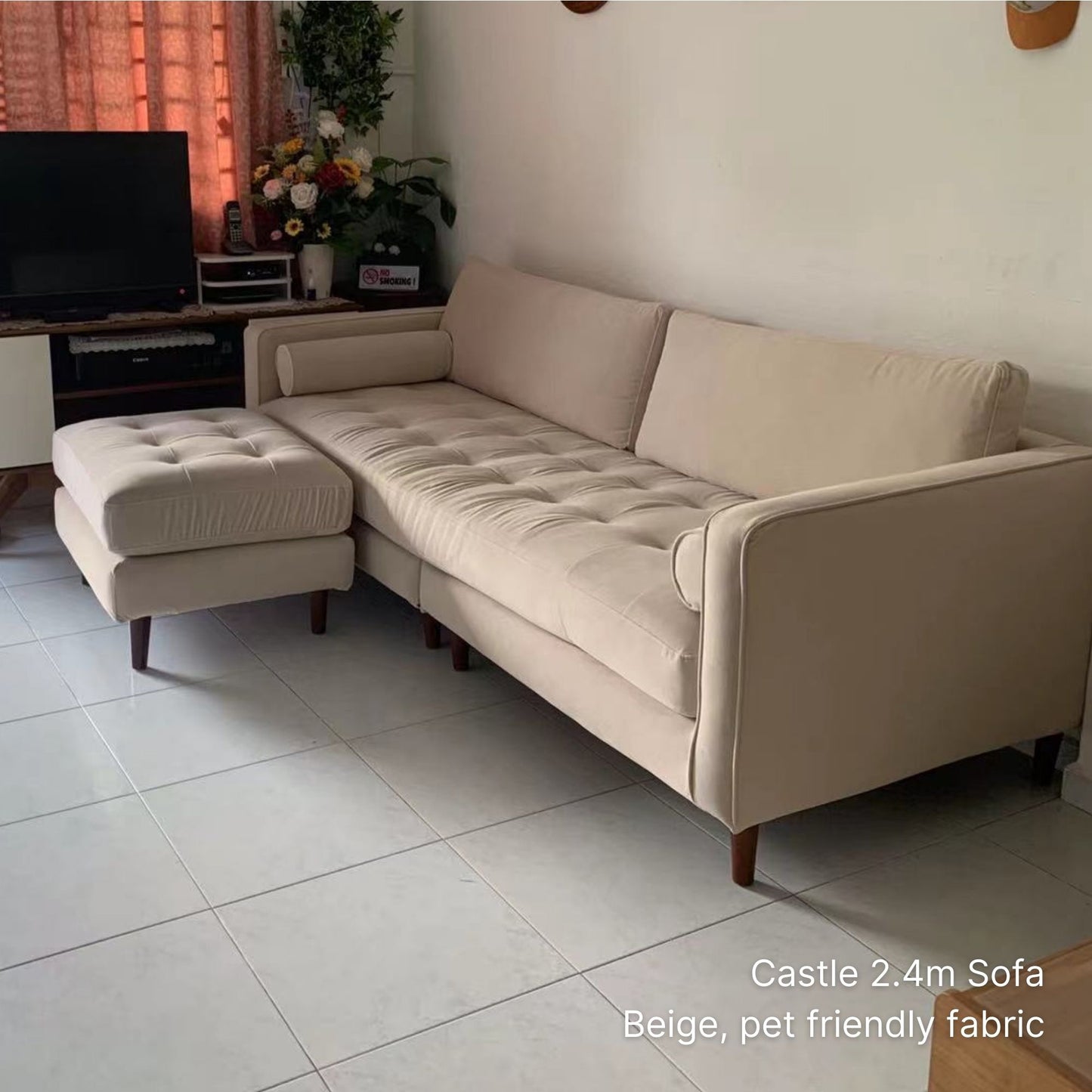 Delivered 3 seater 240cm Castle fabric sofa in beige pet friendly fabric with matching ottoman