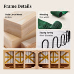 Frame details including solid larch wood, webbing, zigzag spring, and wooden frame sample with webbing and zigzag spring.