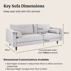 Gray sofa with dimensions labeled on a beige background