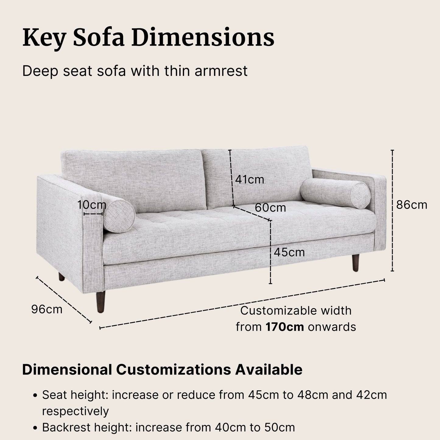 Gray sofa with dimensions labeled on a beige background