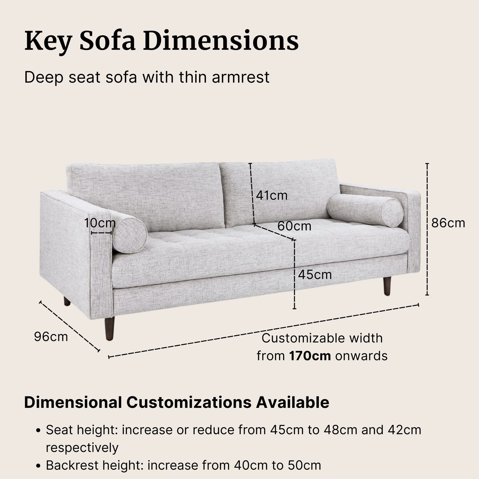 Gray sofa with dimensions labeled on a beige background