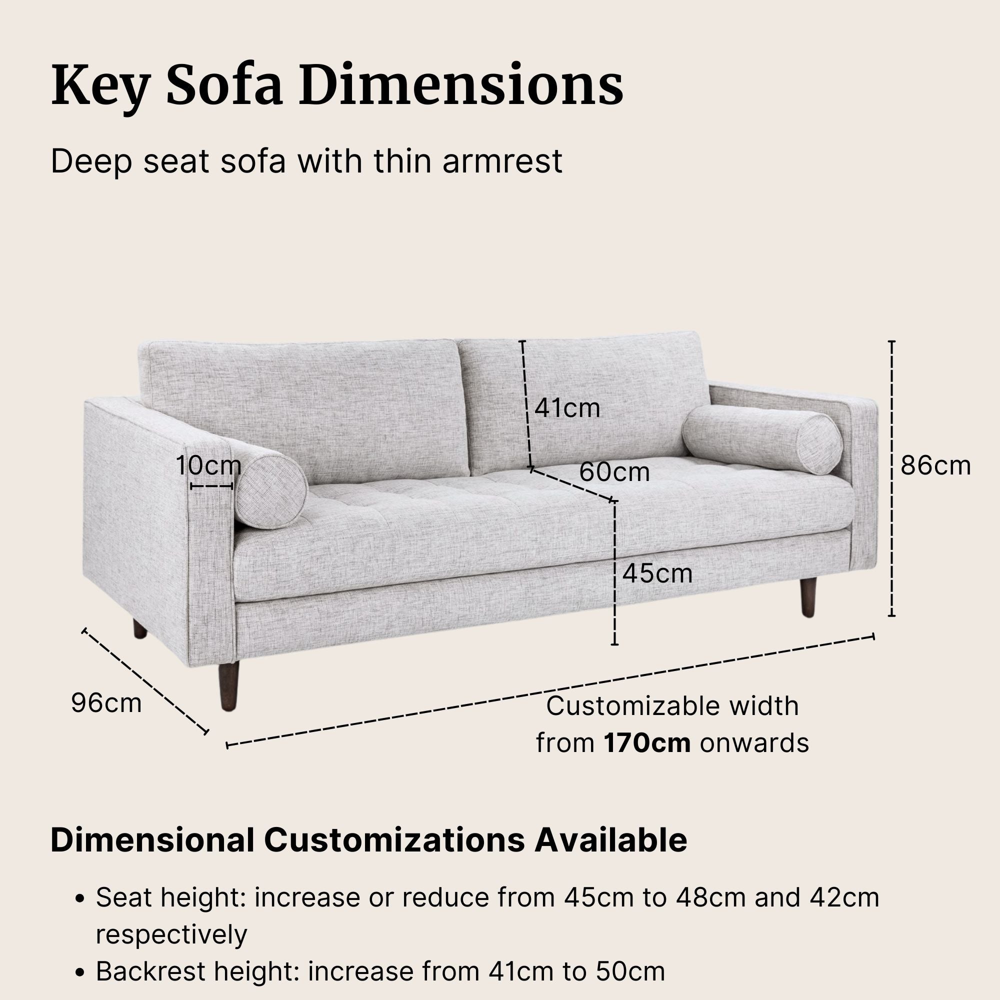 Gray sofa with dimensions labeled on a beige background
