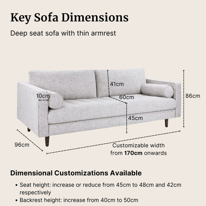 Gray sofa with dimensions labeled on a beige background