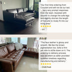 Two images of leather sofas with customer reviews displayed.