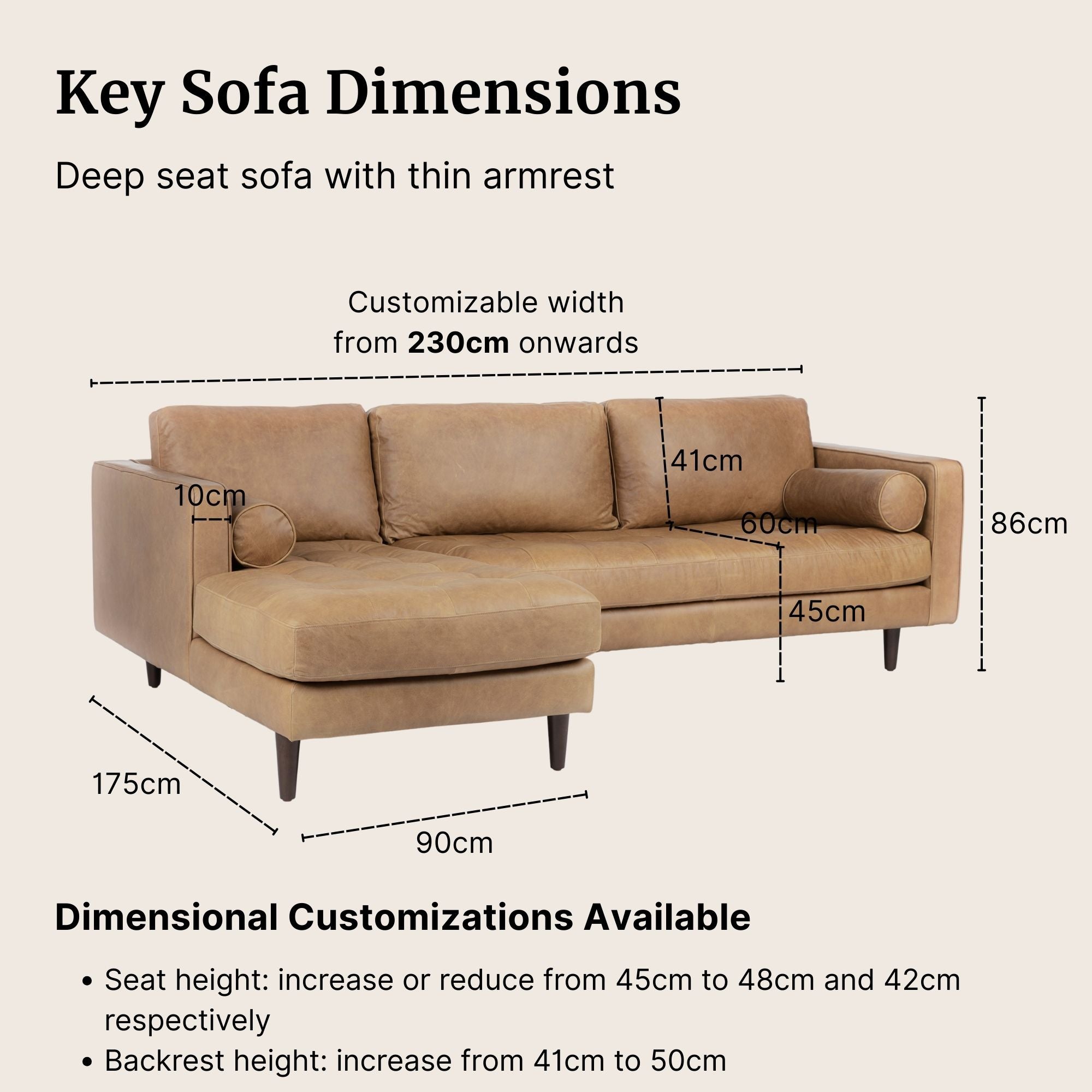 Brown sectional sofa with dimensions labeled on a beige background