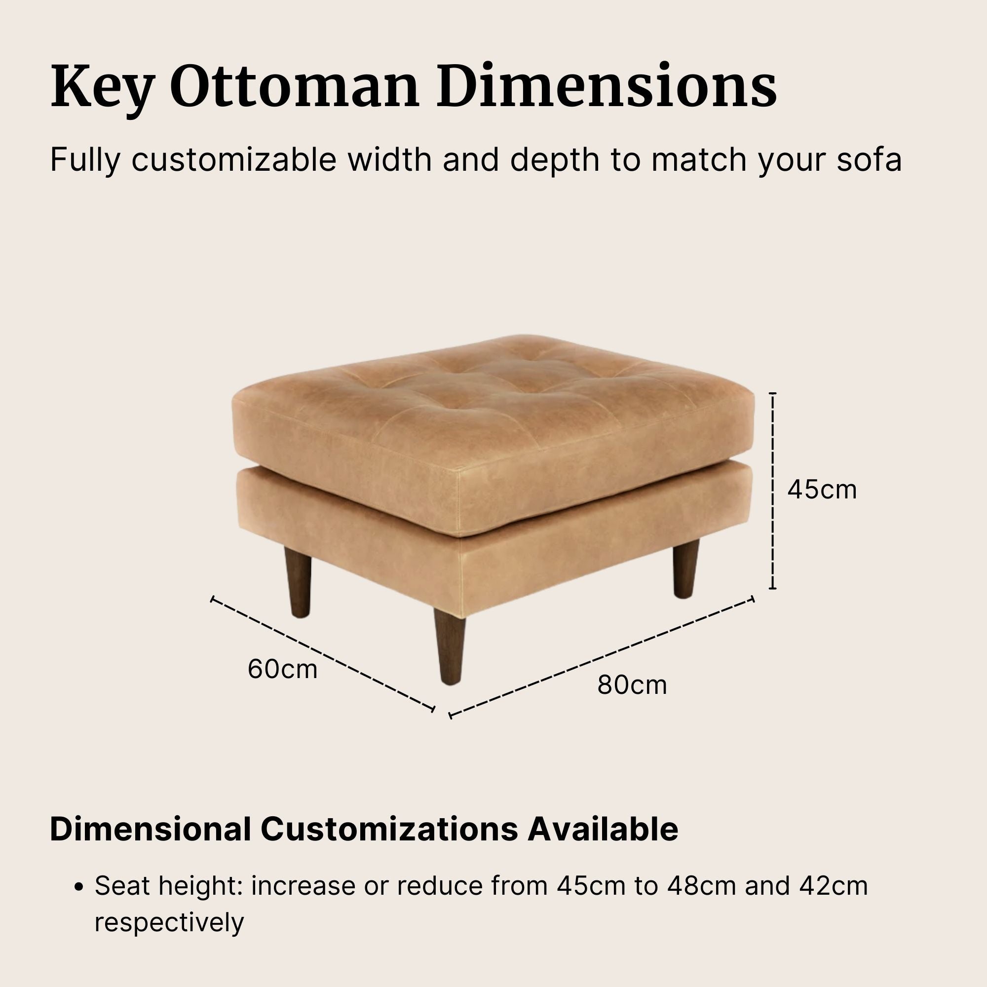 Brown ottoman with dimensions on a beige background