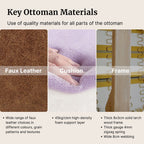 Key Ottoman Materials with images of faux leather, cushion, and frame, and text detailing material specifications.