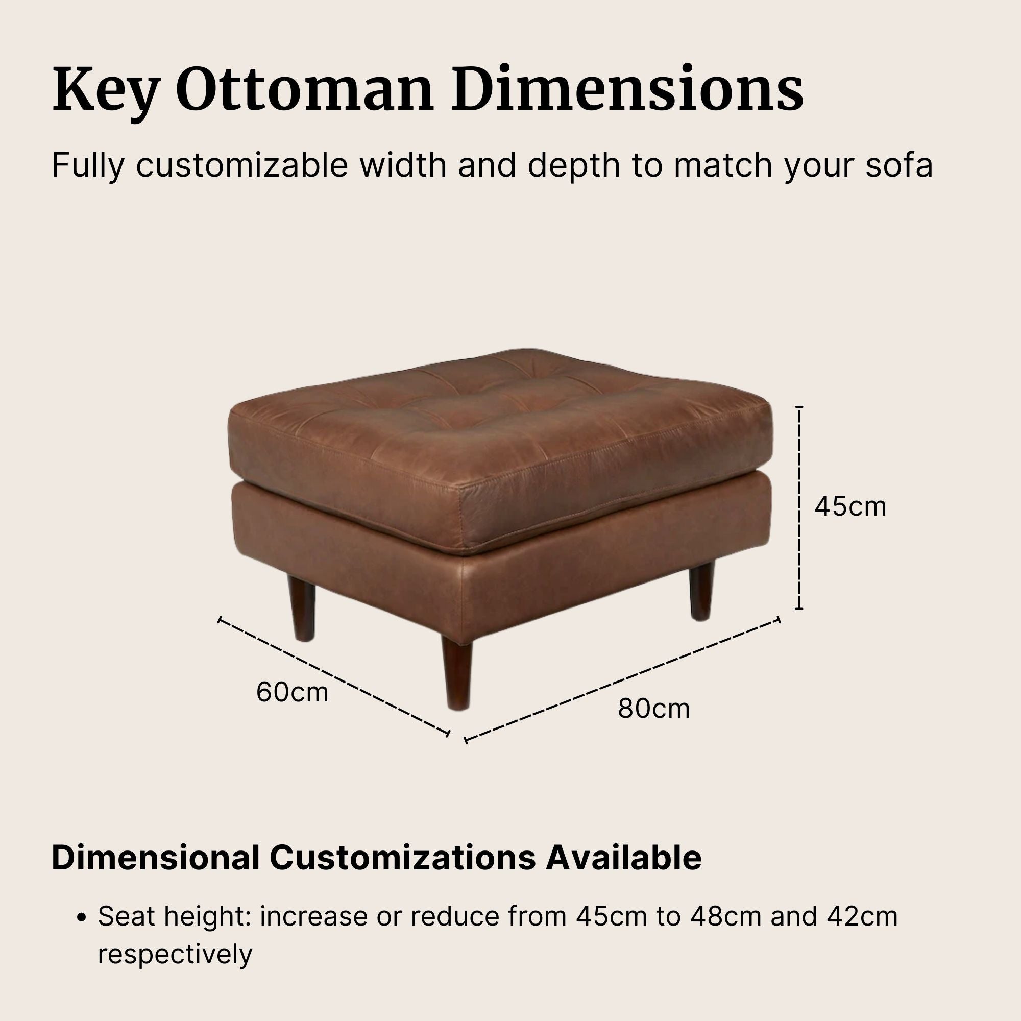 Dark brown leather ottoman with dimensions on a beige background