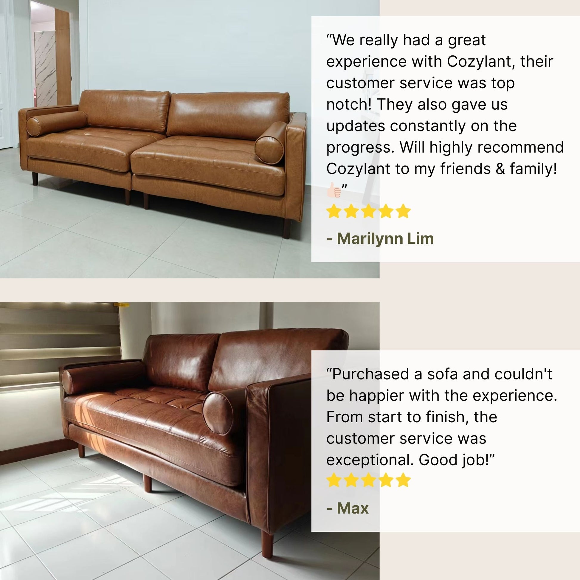 Brown leather sofa with customer reviews displayed on a light gray background