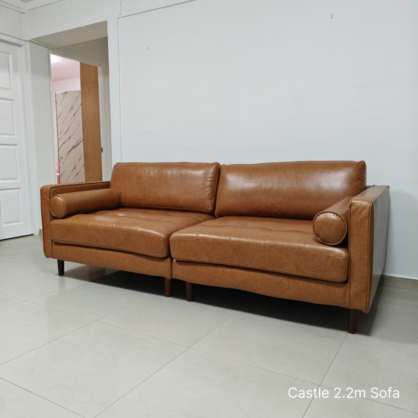 Delivered 3 seater 220cm Castle brown faux leather sofa in customer's living room
